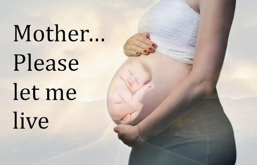 Image of a small baby in utero imposed on a woman's belly.