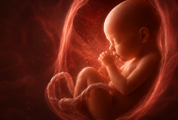 Illustration of an unborn baby developing in the womb, representing the ethical and philosophical debate about fetal personhood and when human life begins.