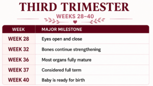 Third trimester fetal development during weeks 28 through 40
